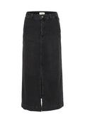 Schwarzer Denim-Midi-Rock mit vorderem Schlitz, Reißverschluss- und Knopfverschluss, fünf Taschen und Gürtelschlaufen. Klassisches Design und robuste Textur.