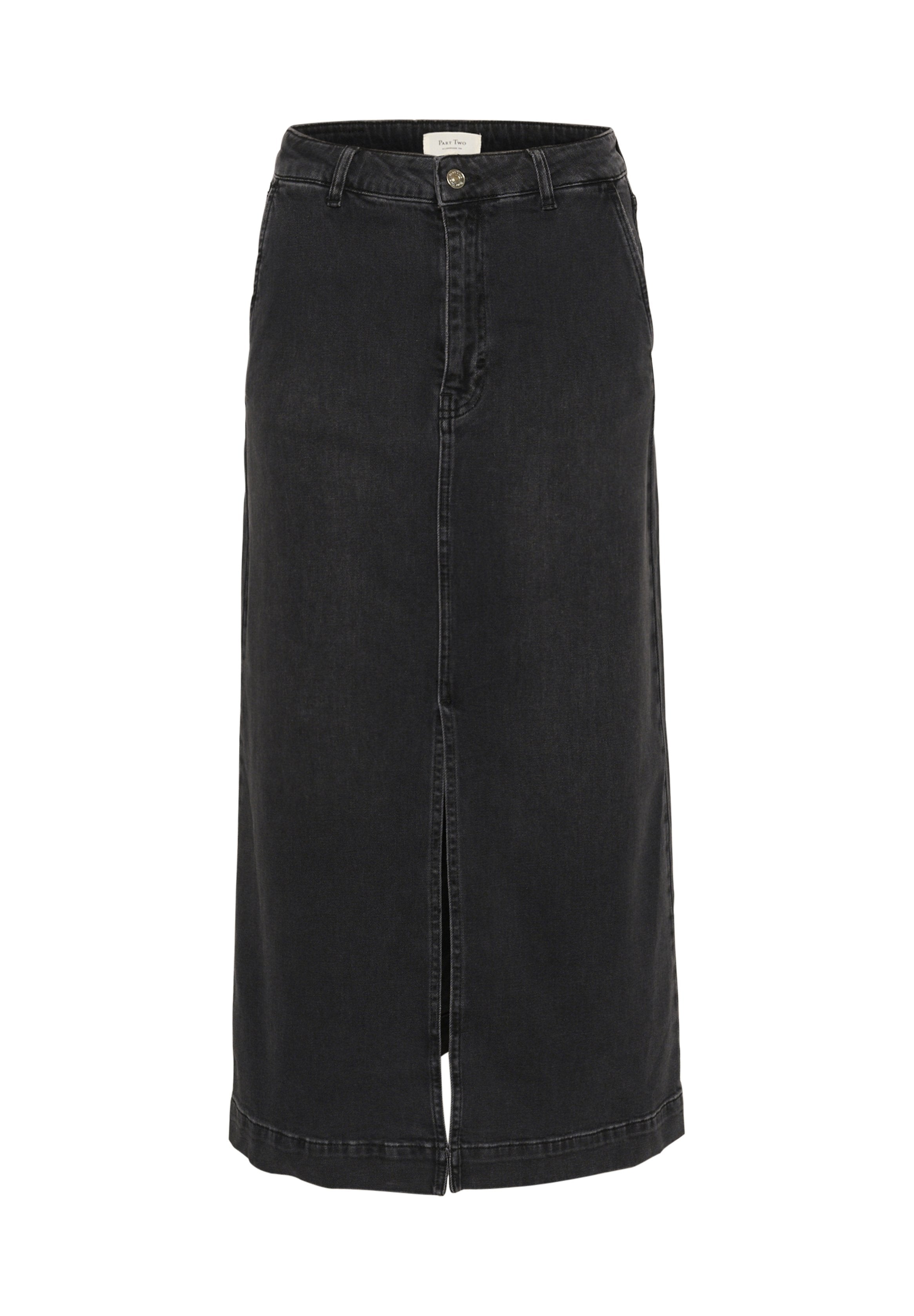 Schwarzer Denim-Midi-Rock mit vorderem Schlitz, Reißverschluss- und Knopfverschluss, fünf Taschen und Gürtelschlaufen. Klassisches Design und robuste Textur.