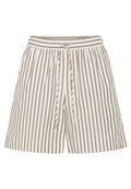 Gestreifte Shorts aus leichtem Stoff, mit elastischem Bund und Kordelzug sowie einem lockeren Schnitt. Das Farbschema ist cremig mit braunen Streifen.