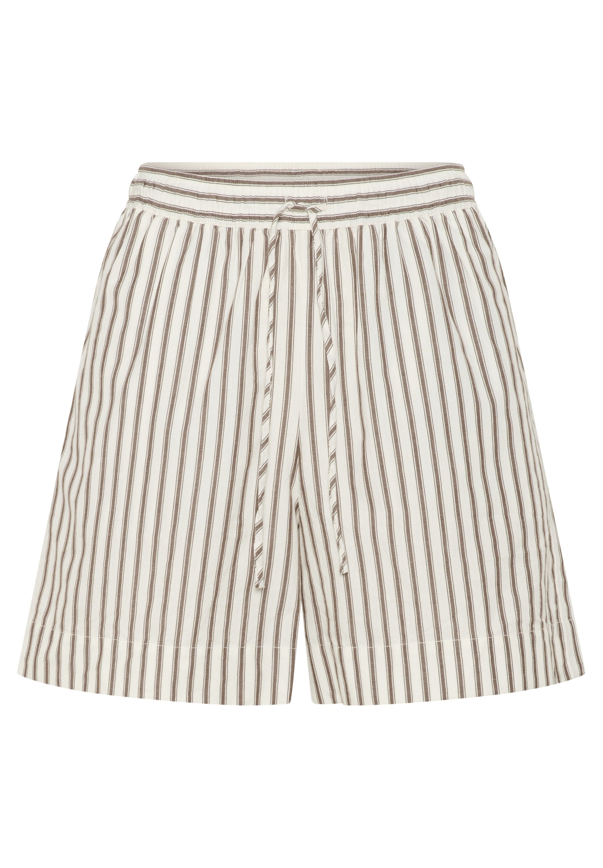 Gestreifte Shorts aus leichtem Stoff, mit elastischem Bund und Kordelzug sowie einem lockeren Schnitt. Das Farbschema ist cremig mit braunen Streifen.