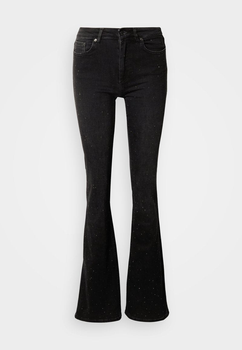 Schwarze Schlagjeans mit leichtem Schimmer durch gesprenkelte Akzente, aus Denim gefertigt, mit klassischem Fünf-Taschen-Design und vorderer Knopfverschluss.