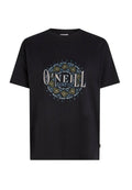 Schwarzes Baumwoll-T-Shirt mit einem kreisförmigen Grafikdesign, das den Text "O'Neill Surf Co." zeigt, umgeben von einem komplizierten Muster in grünen und blauen Farbtönen.
