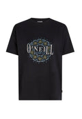 Schwarzes Baumwoll-T-Shirt mit einem kreisförmigen Grafikdesign, das den Text "O'Neill Surf Co." zeigt, umgeben von einem komplizierten Muster in grünen und blauen Farbtönen.