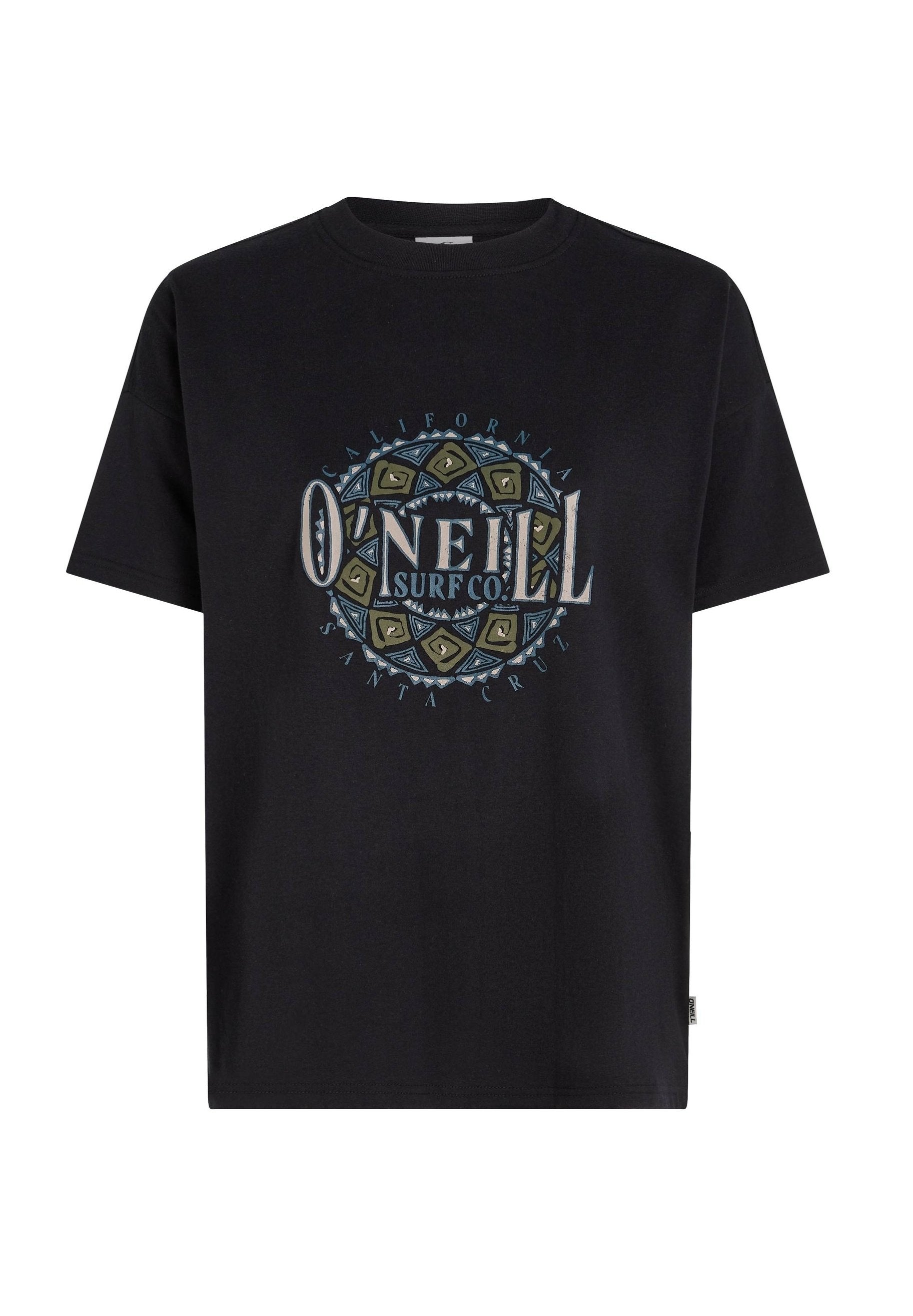 Schwarzes Baumwoll-T-Shirt mit einem kreisförmigen Grafikdesign, das den Text "O'Neill Surf Co." zeigt, umgeben von einem komplizierten Muster in grünen und blauen Farbtönen.