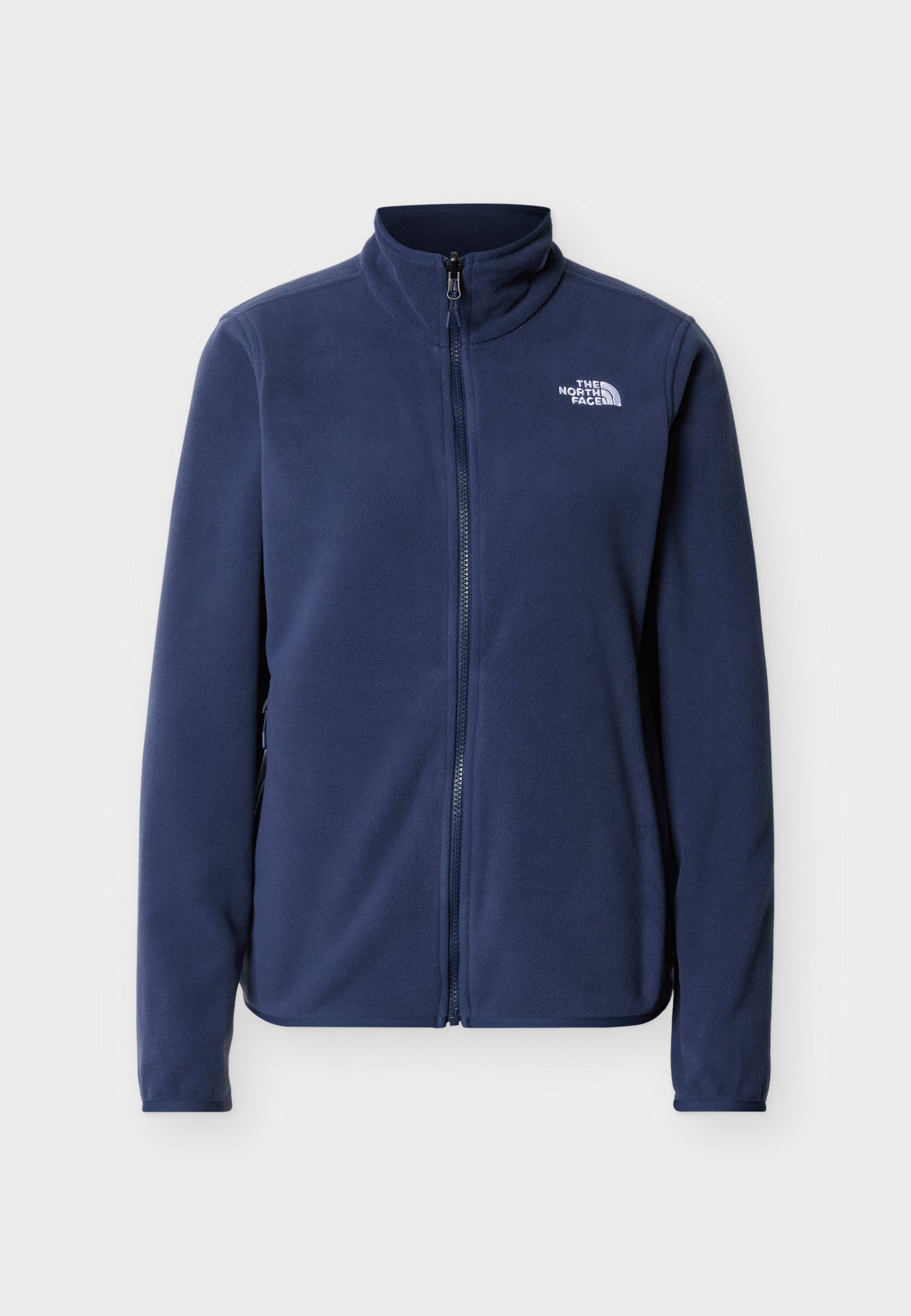 Marineblaue Fleecejacke mit hohem Kragen und durchgehendem Reißverschluss. Verfügt über ein Logo auf der linken Brustseite und eine glatte, weiche Textur.