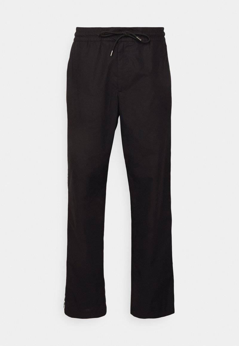Schwarze Hose mit lockerer Passform, elastischem Bund und verstellbarem Kordelzug. Aus glattem Stoff mit geradem Bein.