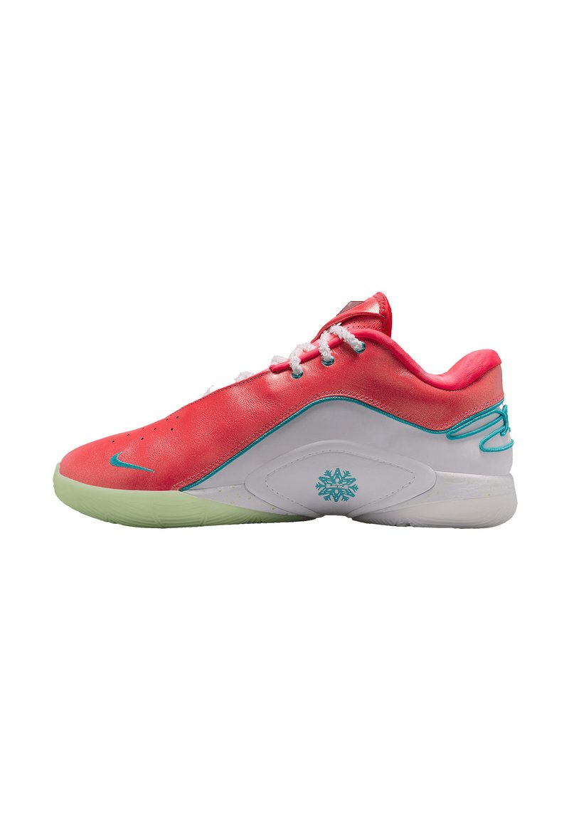 Roter Sneaker mit weißen und mintgrünen Akzenten, ausgestattet mit einem glatten Lederobermaterial, Schnürverschluss und einem Schneeflocken-Logo an der Seite.