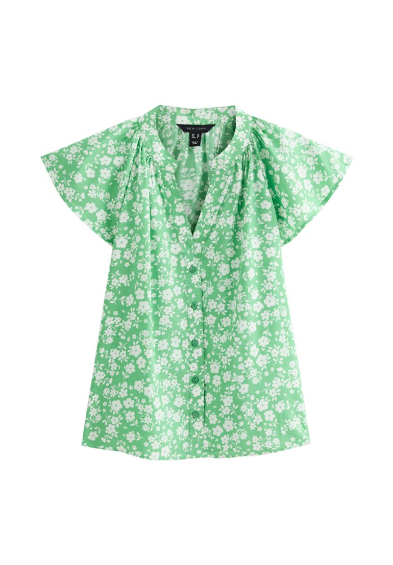 Grüne Bluse mit kurzen, schwingenden Ärmeln, versehen mit einem floralen Muster in Weiß, einer durchgehenden Knopfleiste und einem lässigen Schnitt.