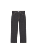 Dunkelblaue Jeans mit geradem Bein, fünf Taschen-Design und kontrastierenden Nähten. Verfügt über metallische Beschläge an der Taille und den Taschen.