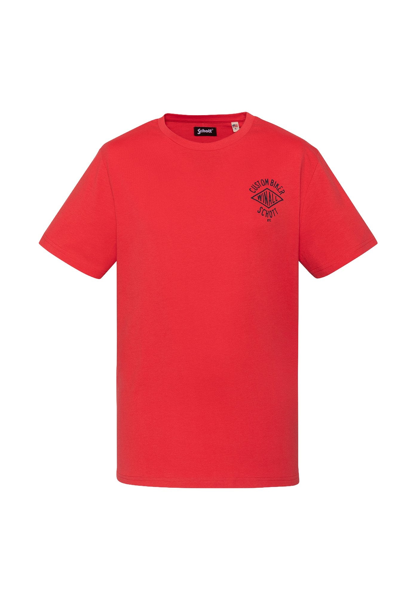 Rotes T-Shirt mit kurzen Ärmeln, schwarzem "Custom Biker Schott NYC"-Logo auf der linken Brust und rundem Halsausschnitt.