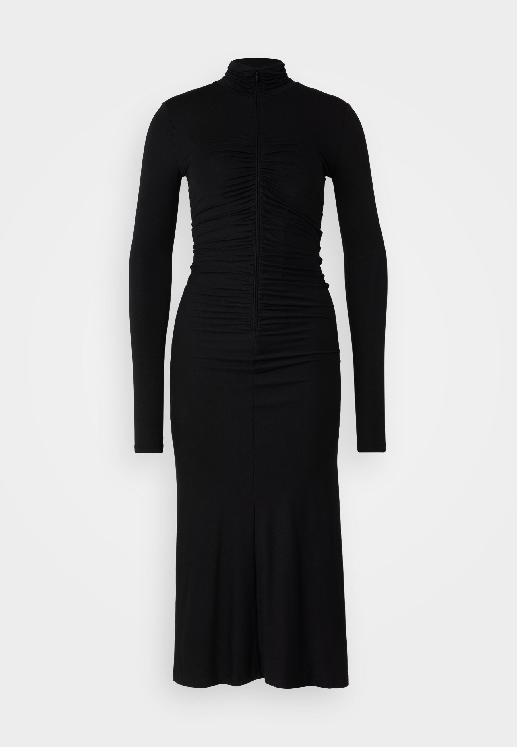 Schwarzes Langarmkleid mit hohem Kragen, das über geraffte Details entlang des Oberkörpers verfügt und eine enganliegende Silhouette hat, die am Saum leicht ausgestellt ist.