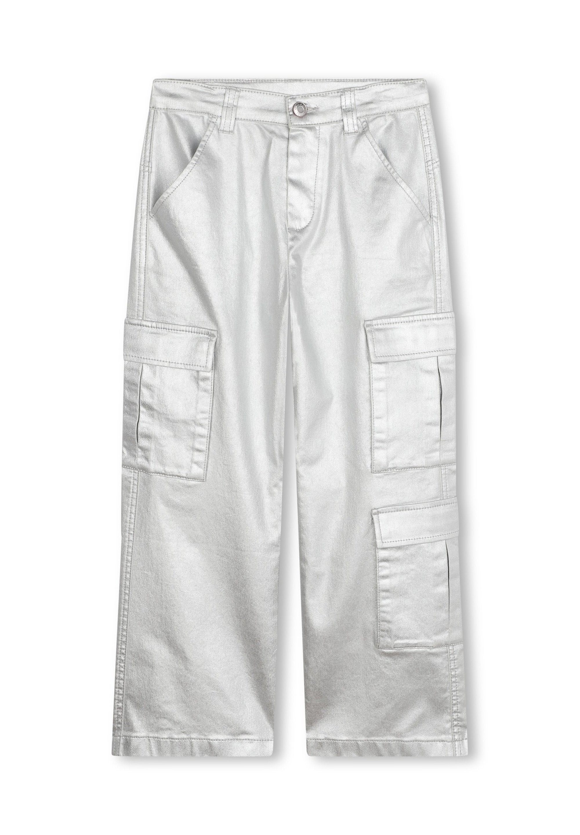 Silberne Cargo-Hosen mit einem leicht glänzenden Finish, zwei großen Seitentaschen und einem entspannten Schnitt mit geradem Bein.