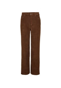 Braune Cordstoff-Hosen mit geradem Bein, hohem Bund, Knopfverschluss und frontalen Taschen. Der Stoff hat eine gerippte Textur.