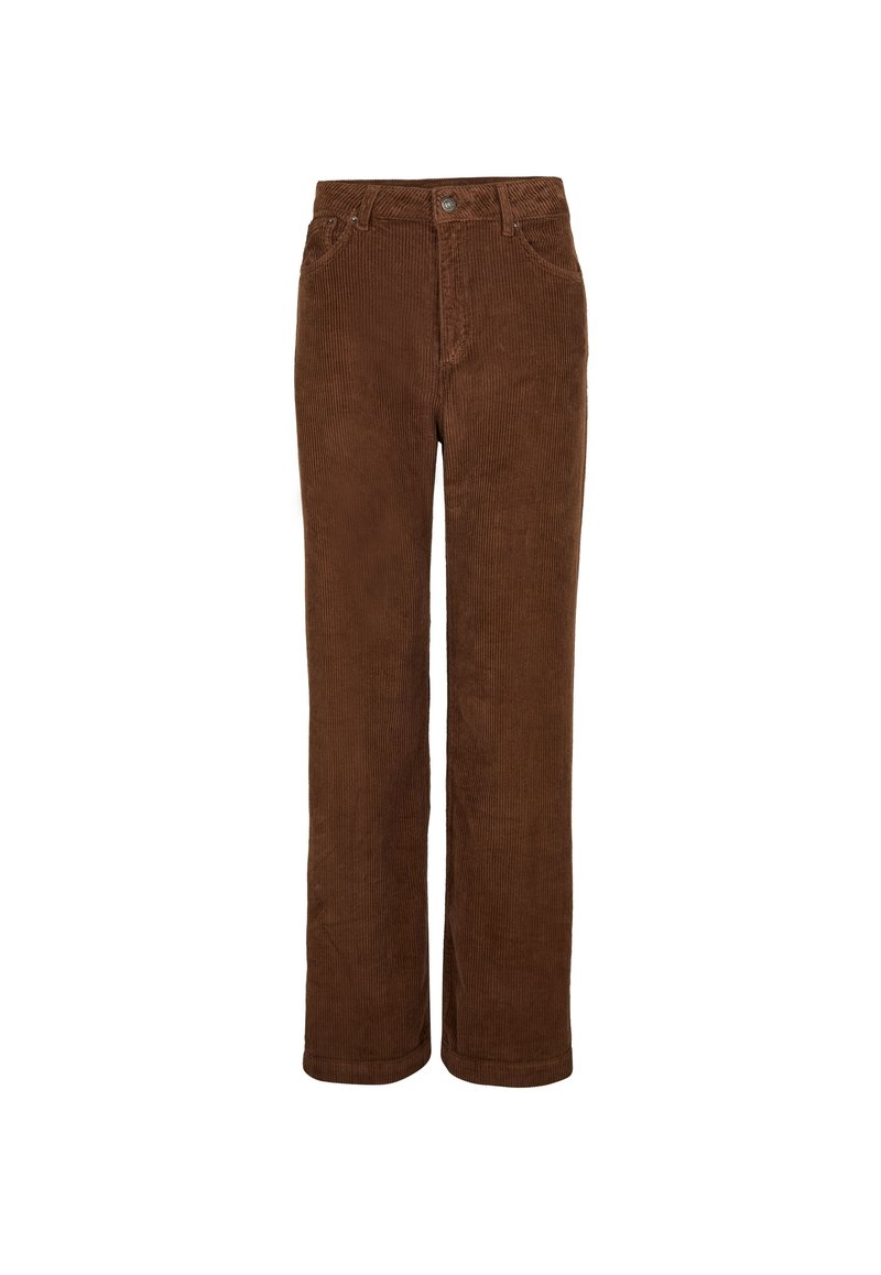 Braune Cordstoff-Hosen mit geradem Bein, hohem Bund, Knopfverschluss und frontalen Taschen. Der Stoff hat eine gerippte Textur.