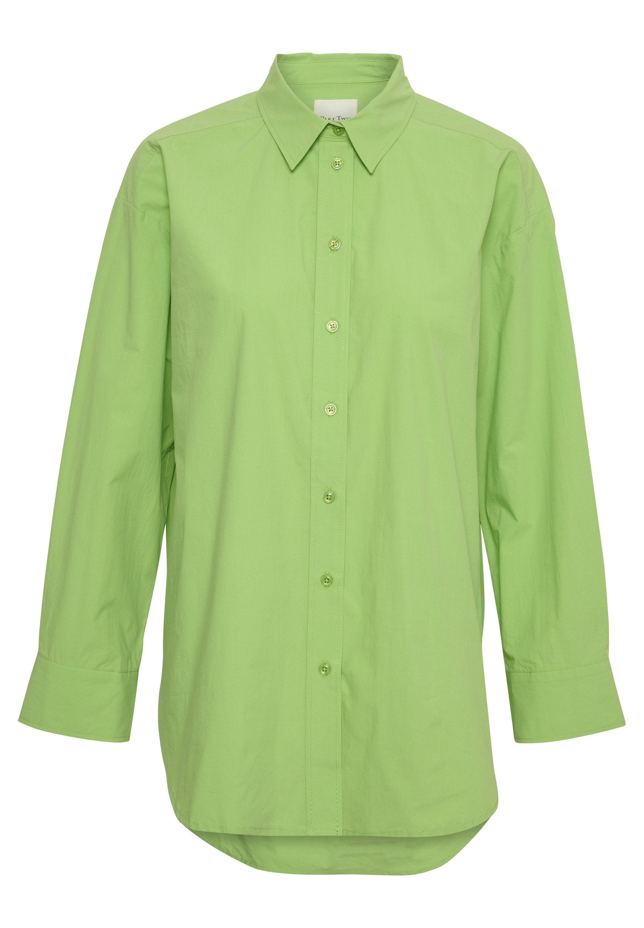 Grüne, knöpfbare Baumwollbluse mit einem spitz zulaufenden Kragen, langen Ärmeln und einer lockeren Passform. Die Knöpfe sind im gleichen Grünton.