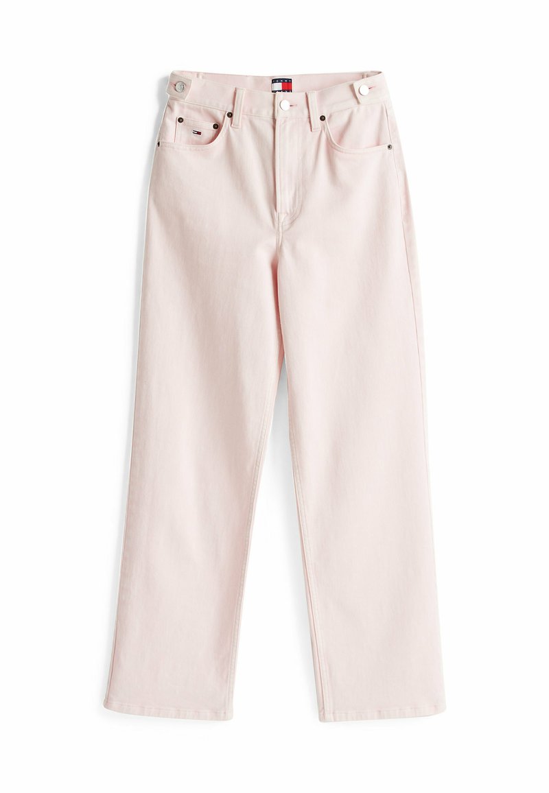 Helles pinke Denim-Jeans mit geradem Bein, ausgestattet mit zwei Fronttaschen, einem Knopfverschluss und sichtbaren Nähdetails.
