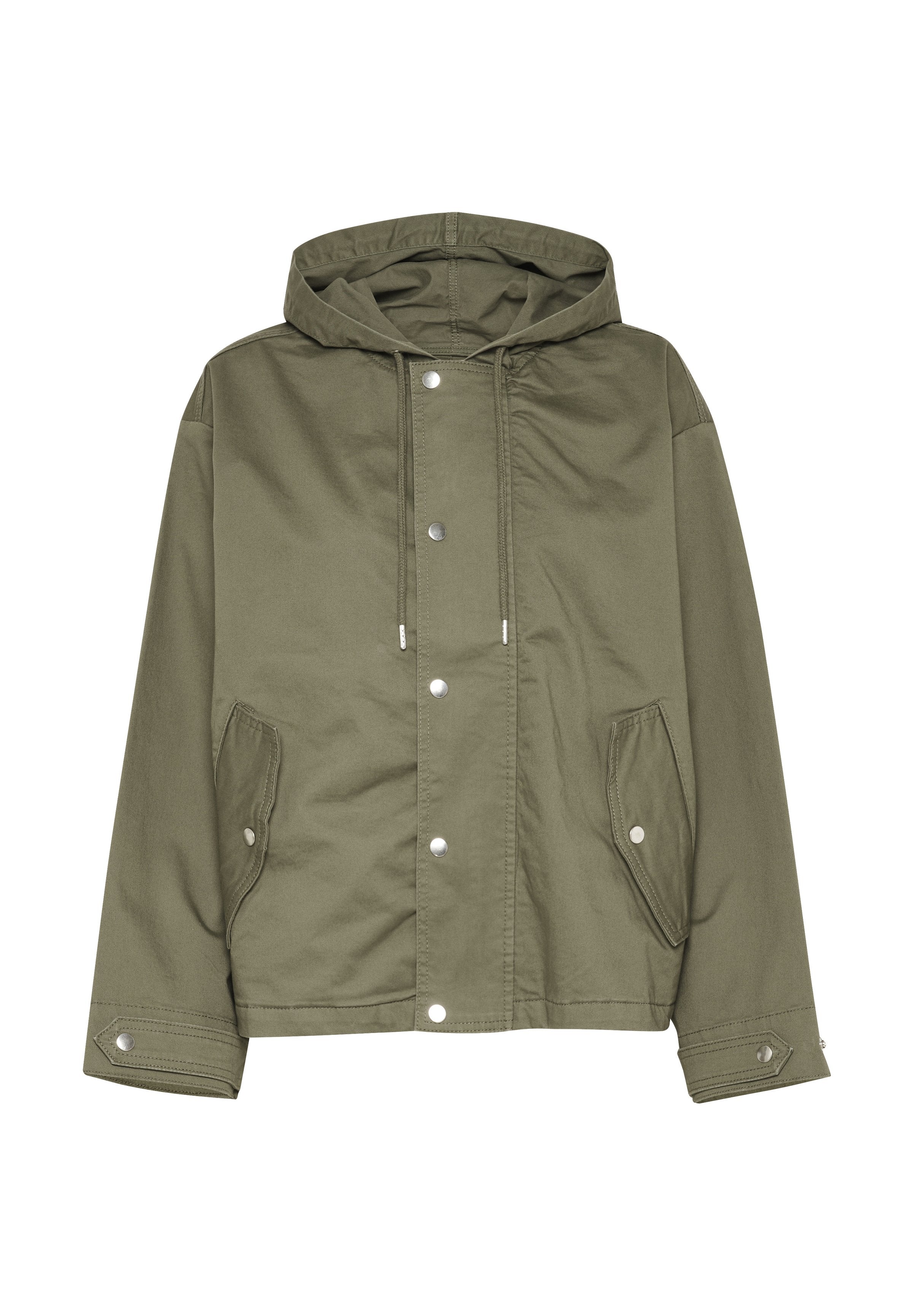 Olivgrüne Kapuzenjacke mit Druckknopfverschluss, seitlichen Taschen und lässiger Passform. Hergestellt aus leichtem Material, mit minimalistischen Designdetails.