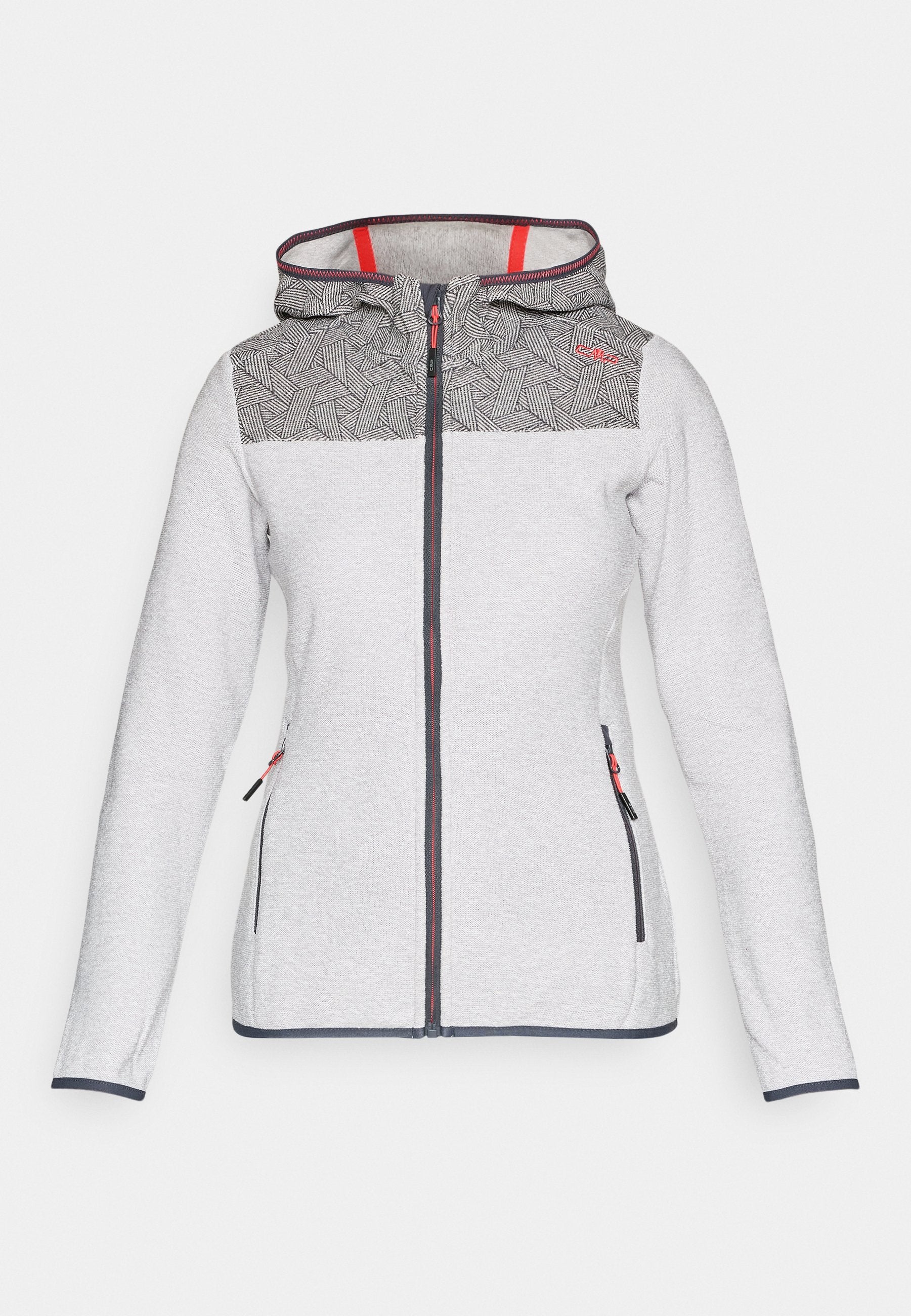 Hellgraue Kapuzenjacke mit Reißverschluss und schwarzem geometrischem Muster auf der oberen Brust und der Kapuze, schwarzen Reißverschlussdetails und roten Akzenten.
