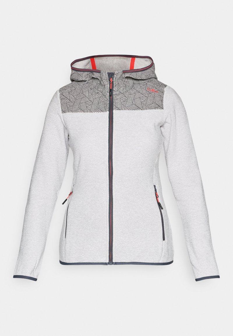 Hellgraue Kapuzenjacke mit Reißverschluss und schwarzem geometrischem Muster auf der oberen Brust und der Kapuze, schwarzen Reißverschlussdetails und roten Akzenten.
