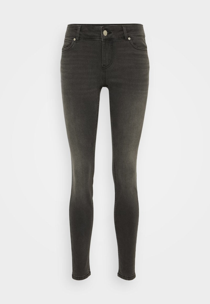 Schmal geschnittene Jeans aus dunkelgrauem Denim mit einem verwaschenen Finish, fünf Taschen, Reißverschluss und metallischem Knopfverschluss.