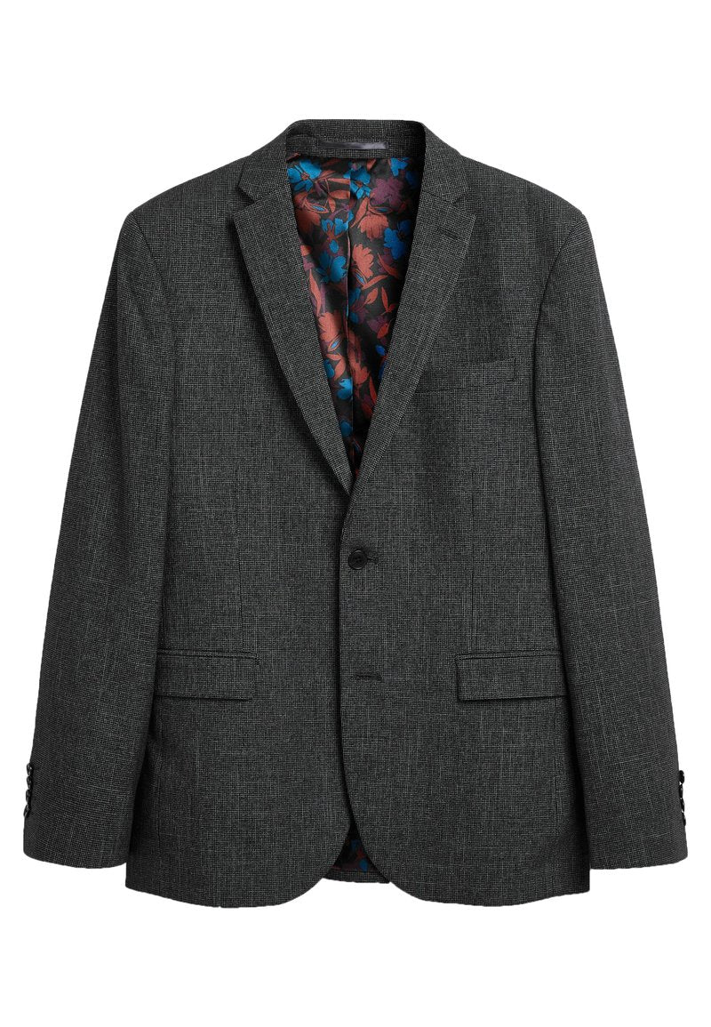 Grau strukturierte Blazer mit Reverskragen, Ein-Knopf-Verschluss und floral gemustertem Innenfutter. Zwei Fronttaschen und geknöpfte Manschetten.