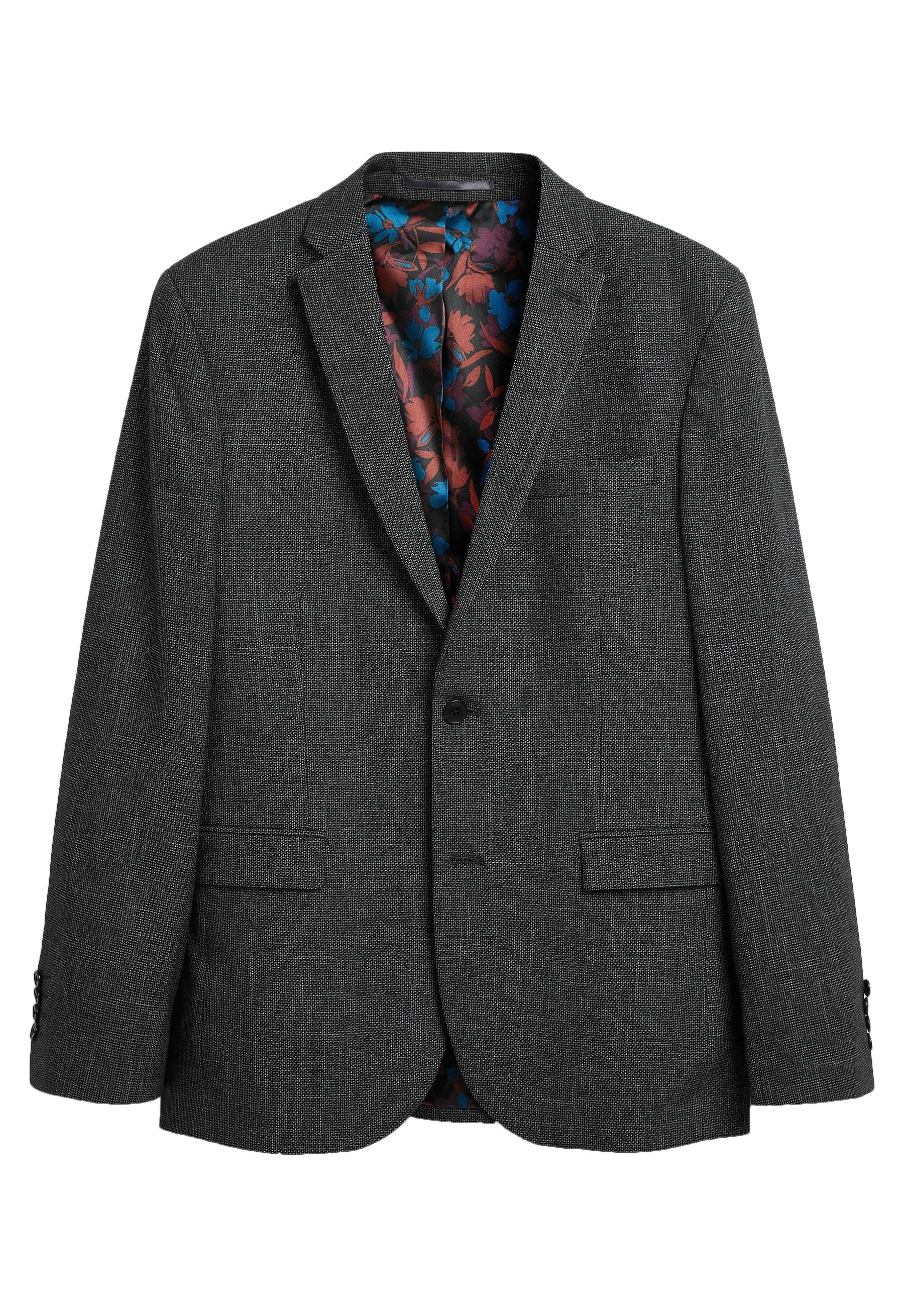 Grau strukturierte Blazer mit Reverskragen, Ein-Knopf-Verschluss und floral gemustertem Innenfutter. Zwei Fronttaschen und geknöpfte Manschetten.