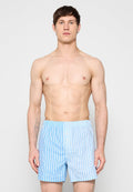 Junger Mann steht, oberkörperfrei, trägt blaue und weiße Boxershorts mit vertikalen Streifen vor einem schlichten weißen Hintergrund.