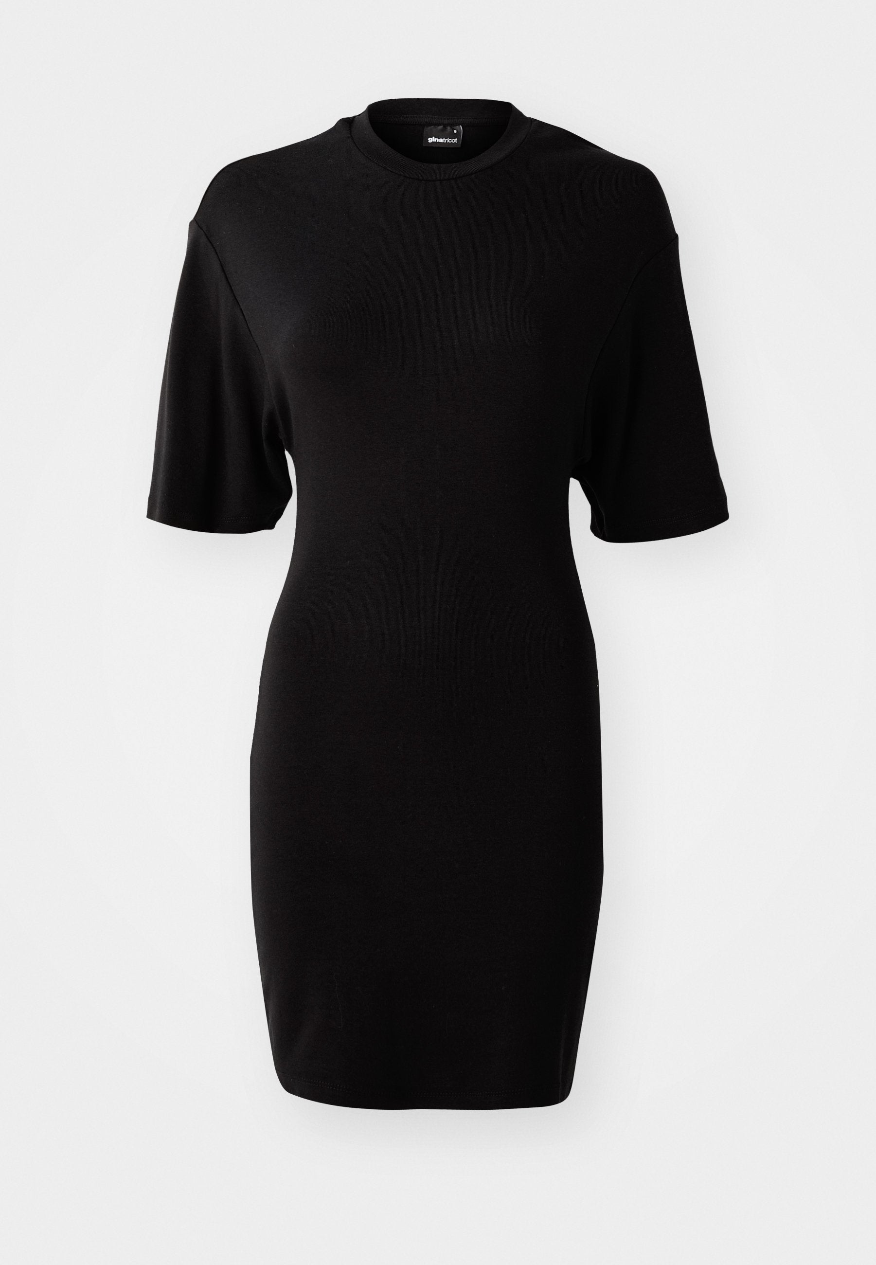 Schwarzes, kurzärmeliges Kleid aus weichem Stoff. Verfügt über einen runden Ausschnitt und eine enganliegende Silhouette mit einem knielangen Saum.