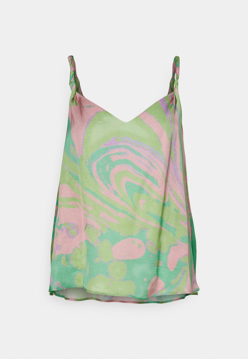 Satin-Camisole in pastellgrün und rosa marmoriertem Muster, mit gedrehten Trägern und relaxter Passform.