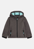 Graue Zip-Jacke mit Kapuze, die ein hellblaues Innenfutter, schwarze Akzente und zwei mit Reißverschluss versehenen Taschen auf der Vorderseite hat.