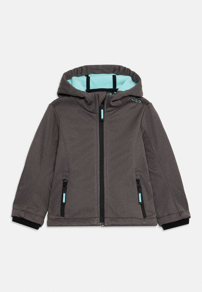 Graue Zip-Jacke mit Kapuze, die ein hellblaues Innenfutter, schwarze Akzente und zwei mit Reißverschluss versehenen Taschen auf der Vorderseite hat.