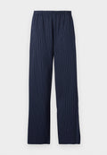 Marineblaue weite Hosen mit Längsstreifenmuster, ausgestattet mit einem elastischen Bund und einer glatten Textur.