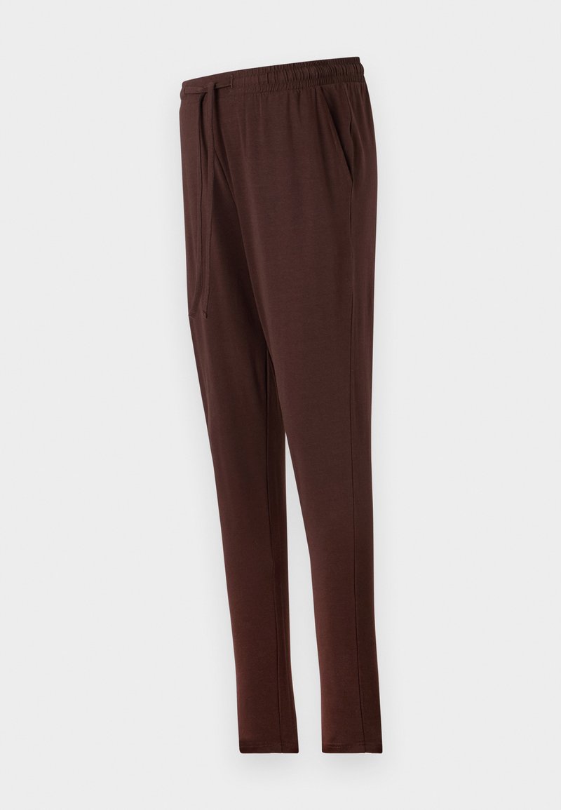 Braune, leichtgewichtige Jogger-Hosen mit elastischem Bund, Seitentaschen und schmalem Bein Design. Glatte Textur, lässige Passform.