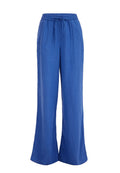 Blaue Leinen-Hosen mit weitem Bein, elastischem Bund und Kordelzug. Leichter Stoff, glatte Textur und eine entspannte Silhouette.