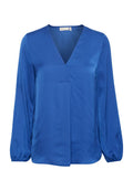 Blaue Bluse mit langen Ärmeln und V-Ausschnitt, mit einem gefältelten Vorderteil und leicht gepufften Ärmeln. Hergestellt aus einem glatten, leichten Stoff.