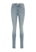 Schlanke Jeans aus verblasstem blauen Denim, mit hoher Taille, fünf Taschen und dezenten Nähdetails entlang der Nähte. Glatte Textur.