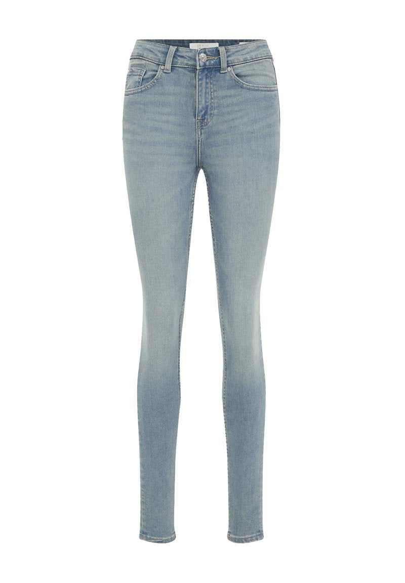 Schlanke Jeans aus verblasstem blauen Denim, mit hoher Taille, fünf Taschen und dezenten Nähdetails entlang der Nähte. Glatte Textur.