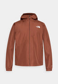 Braune wasserdichte Jacke mit Frontreißverschluss, verstellbarer Kapuze, elastischen Bündchen und Logo auf der linken Brust. Glatte Textur, leichtes Gewebe.