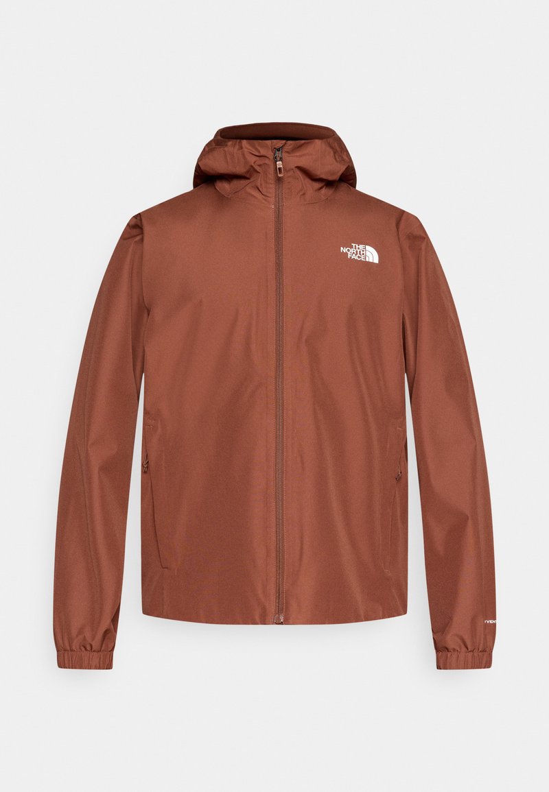 Braune wasserdichte Jacke mit Frontreißverschluss, verstellbarer Kapuze, elastischen Bündchen und Logo auf der linken Brust. Glatte Textur, leichtes Gewebe.