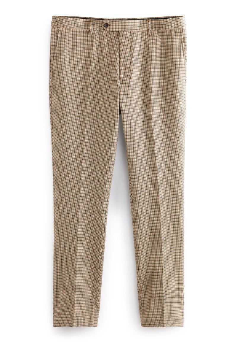 Beige karierte Hose mit taillierter Passform, ausgestattet mit Seitentaschen und einem Knopfverschluss, aus leichtem Material.