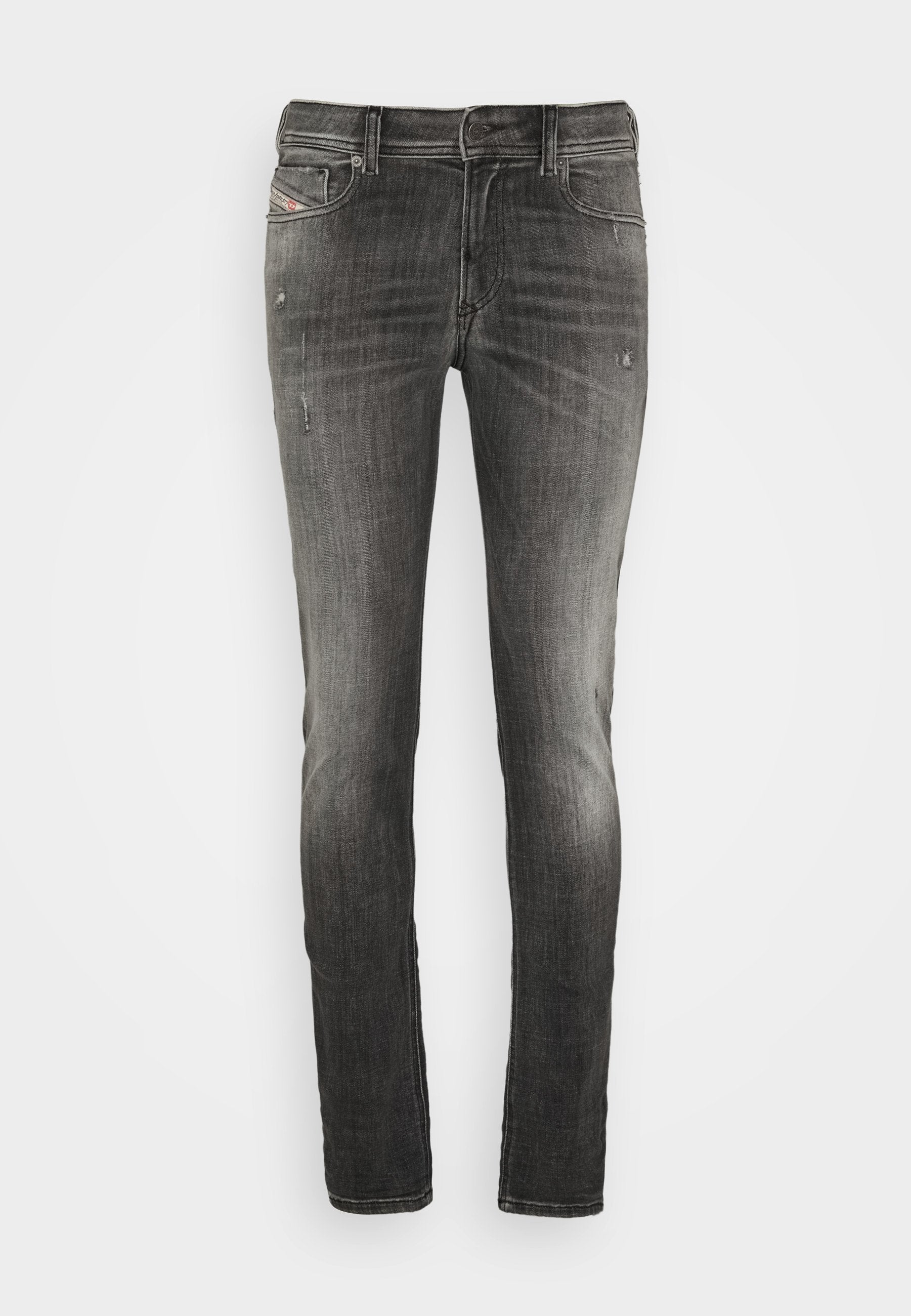 Dunkelgraue Jeans mit slim fit, Denim-Oberfläche, fünf Taschen-Design, leichter Abnutzungsspuren und kontrastierenden Nähten.