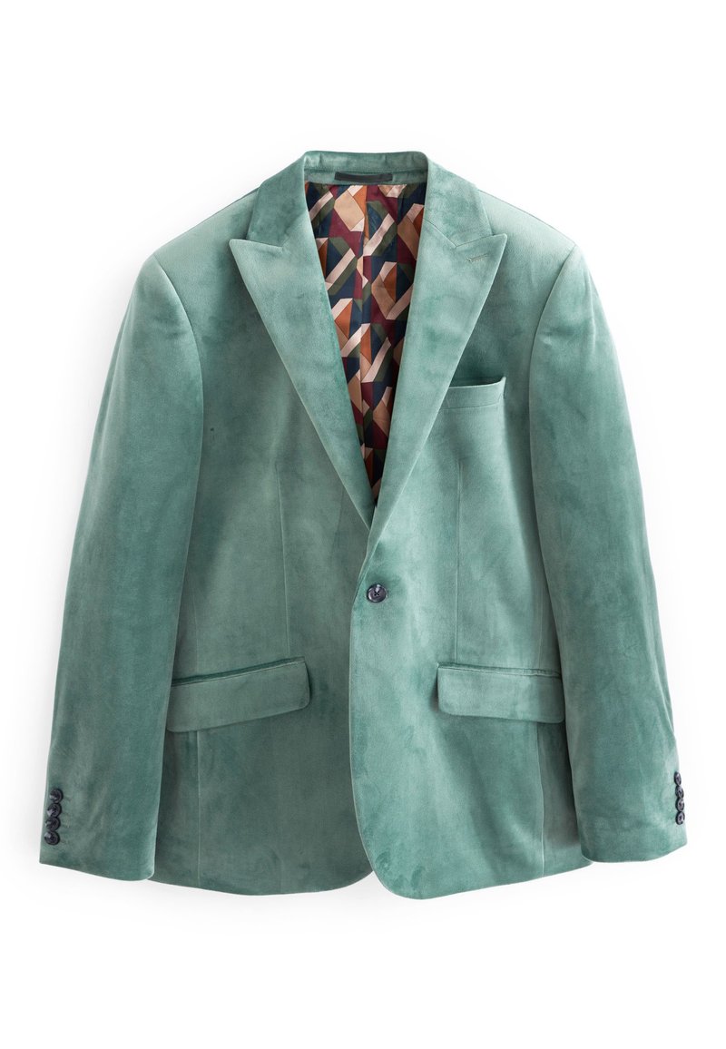 Grüner Samt-Blazer mit Revers, zwei Fronttaschen und einem einzelnen Knopfverschluss. Komplexes geometrisches Futter in warmen Farben.