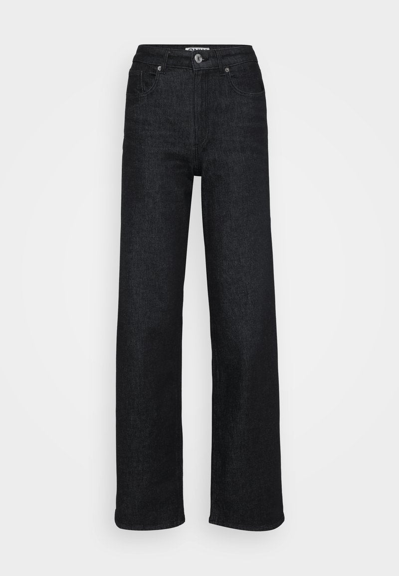 Weit geschnittene schwarze Denim-Jeans mit hoher Taille, mit einem Knopfverschluss vorne, fünf Taschen und einer glatten Textur.