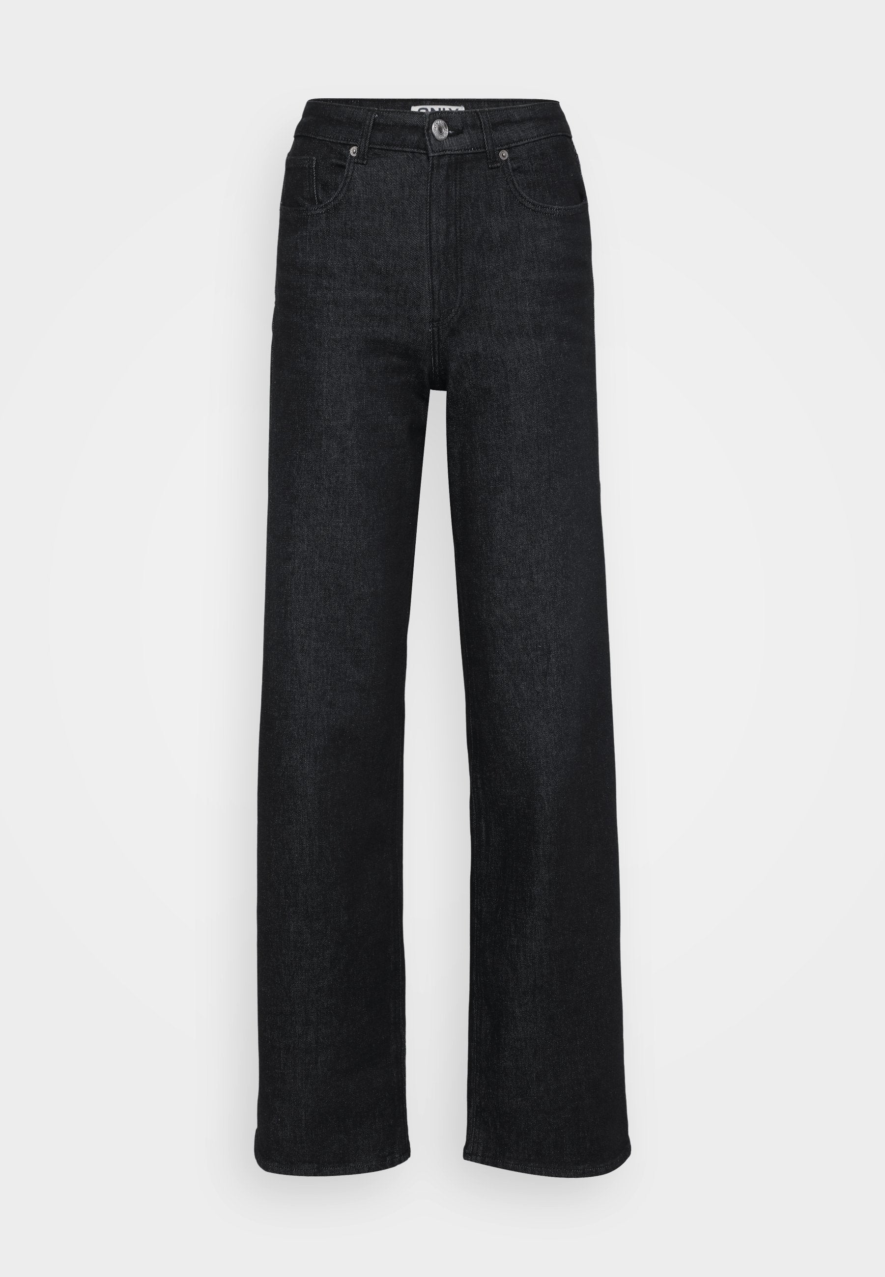 Weit geschnittene schwarze Denim-Jeans mit hoher Taille, mit einem Knopfverschluss vorne, fünf Taschen und einer glatten Textur.