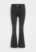 Schwarze Schlagjeans aus Denim mit hoher Taille, doppeltem Knopfverschluss und vorderen Taschen mit sauberem Finish.