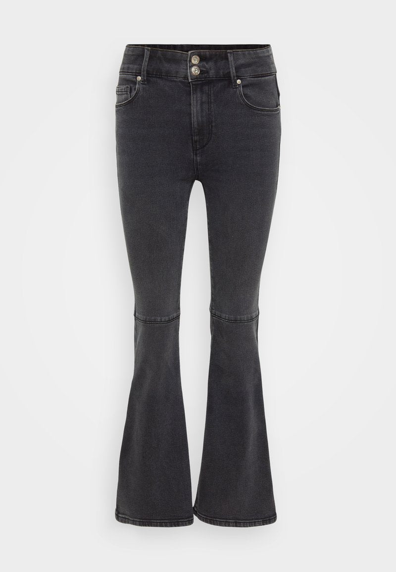 Schwarze Schlagjeans aus Denim mit hoher Taille, doppeltem Knopfverschluss und vorderen Taschen mit sauberem Finish.