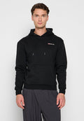 Schwarzer Hoodie aus Baumwollmischung mit einer Kängurutasche vorne, Kordeln und einem Logo auf der Brust. Verfügt über eine entspannte Passform und gerippte Bündchen.