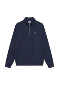 Marineblaues Sweatshirt mit Viertel-Reißverschluss und hohem Kragen, gefertigt aus weichem Material. Verfügt über ein kleines weißes Logo auf der Brust und gerippte Bündchen.