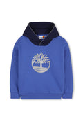 Blaues Sweatshirt mit einer dunkelblauen Kapuze, das über ein großes silbernes Baumlogo in einem kreisförmigen Design verfügt. Aus weichem Stoff mit gerippten Bündchen gefertigt.