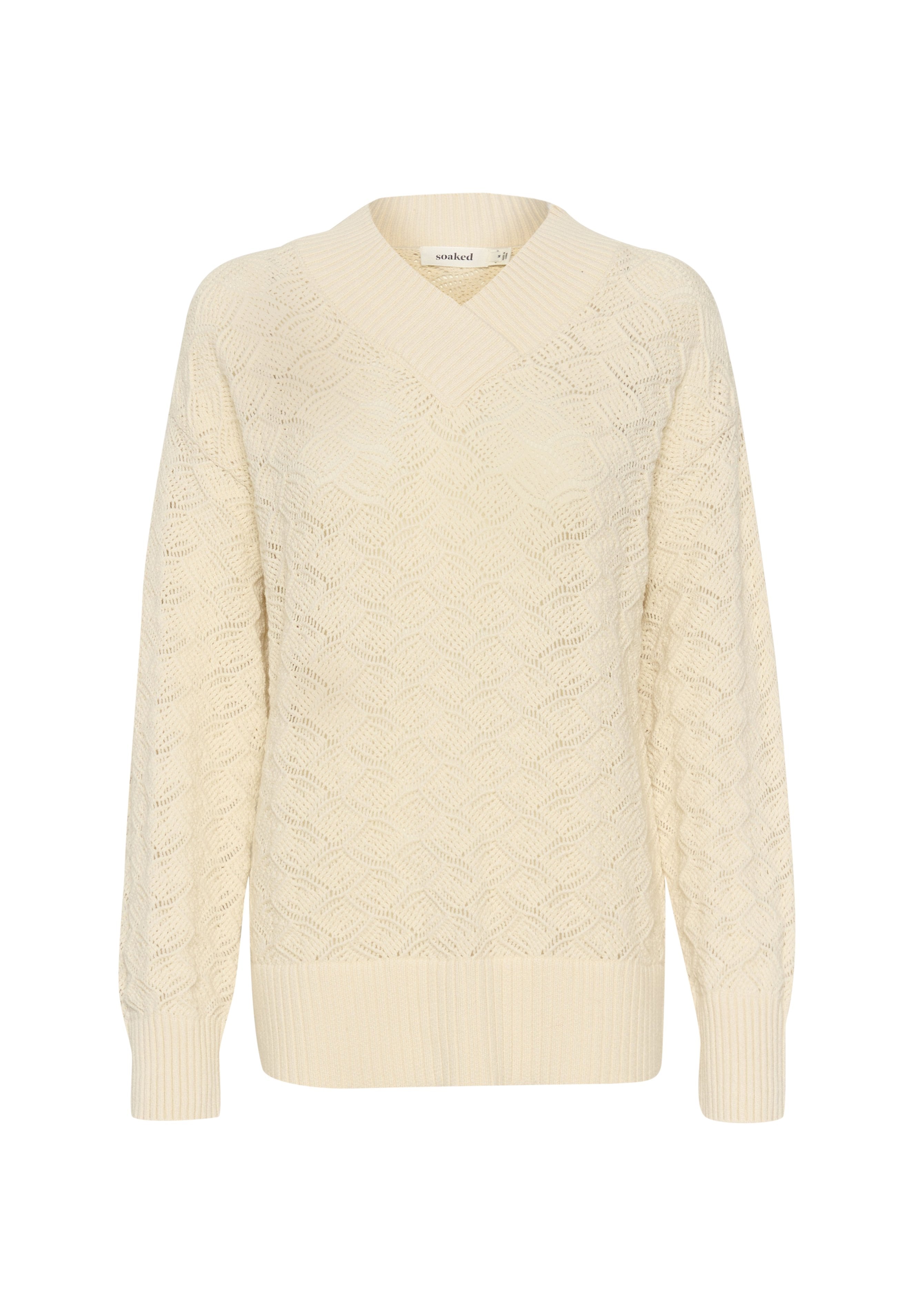 Off-white gestrickter Pullover mit V-Ausschnitt, der ein aufwendiges Rautenmuster sowie gerippte Bündchen und Saum aufweist. Texturiertes, leichtes Material.